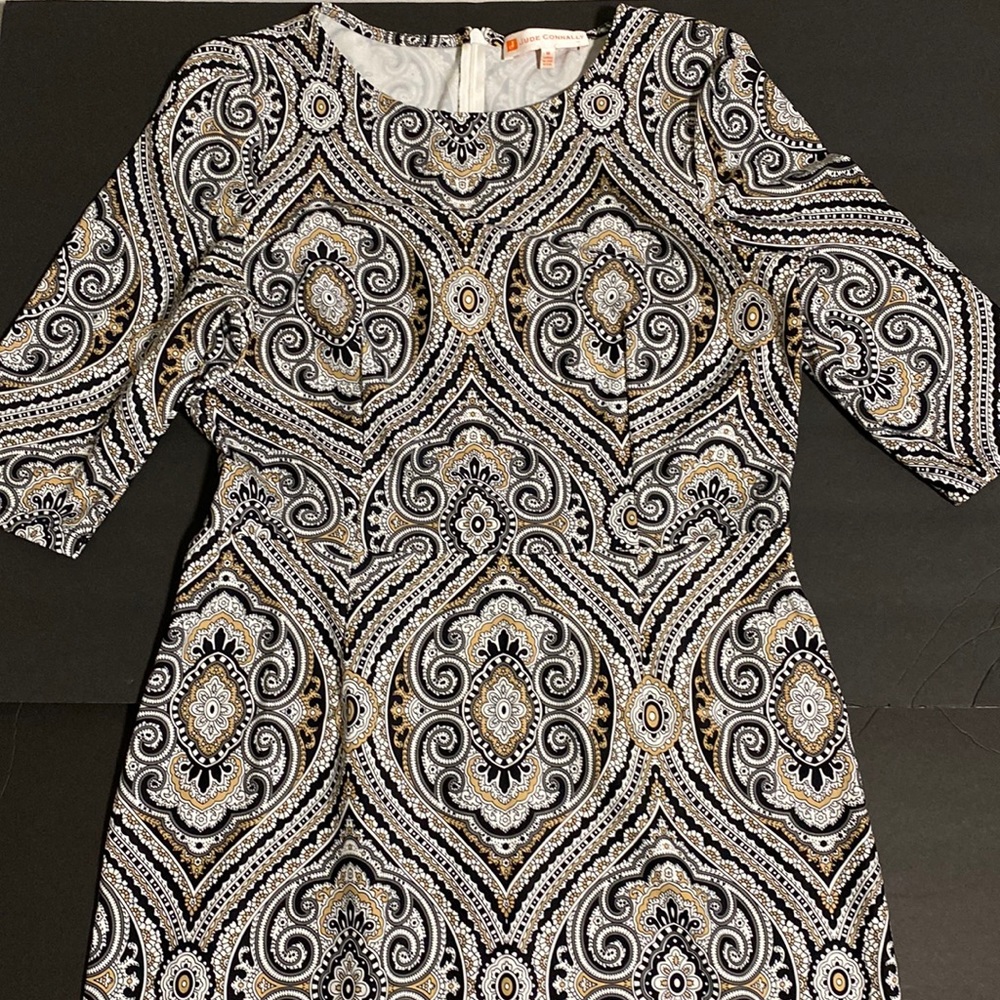 Jude Connally 3/4 Sleeve Dress Paisley Tan, White, Black M